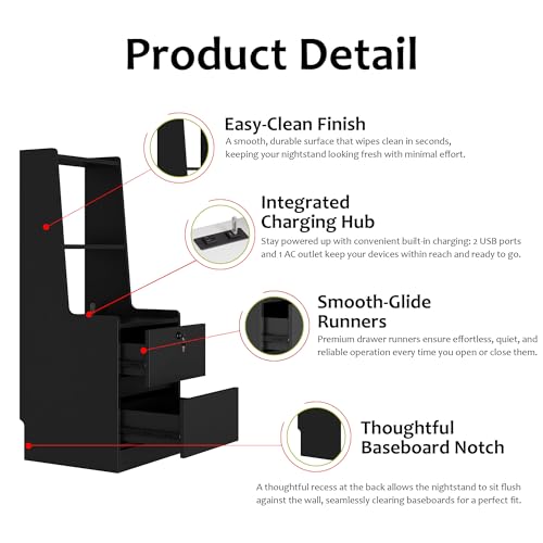 BAYYELL 41'' Tall Nightstand with Charging Station, Locking Drawer and Bookshelf, Bedside Table, Night Stand, 1 Piece, Black by BAYYELL - Image 3