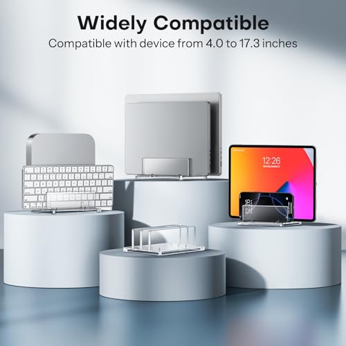 OMOTON Vertical Laptop Stand for Desk, Acrylic Dual Laptop Holder Desktop Clear Adjustable Dock for MacBook Pro Air, HP, All Gaming Laptops up to 17” (Clear, Dual Slot)