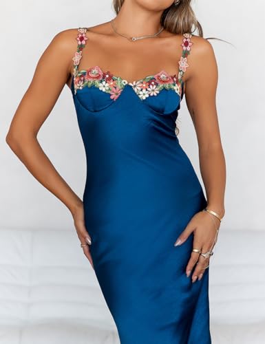 Sexy Satin Spaghetti Strap Floral Embroidered Maxi Dress for Women Sweetheart Neckline Backless Sleeveless Slit Midi Dress3