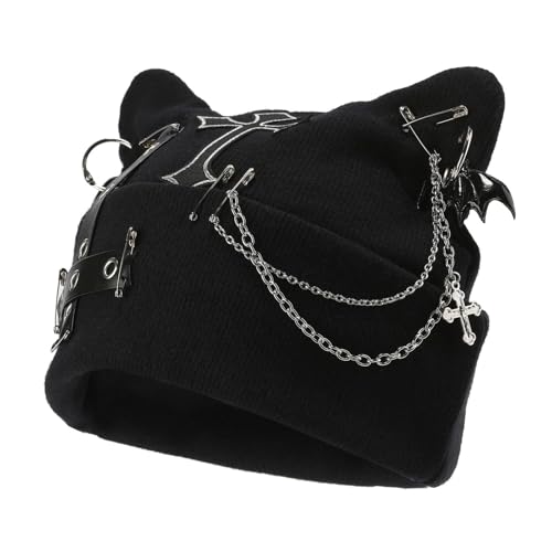 Calkkrer Gorro Negro de Punto con Orejas de Gato Estilo Goth, Gorro Grunge para...