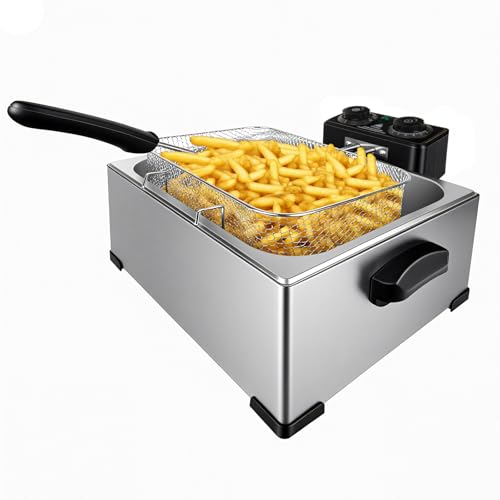 5L Stainless Steel Deep Fat Fryer | Adjustable Temperature 150–190°C | Removable Oil Container & Viewing Window Lid | 2000W Electric Fryer for Chips, Chicken, Seafood & More