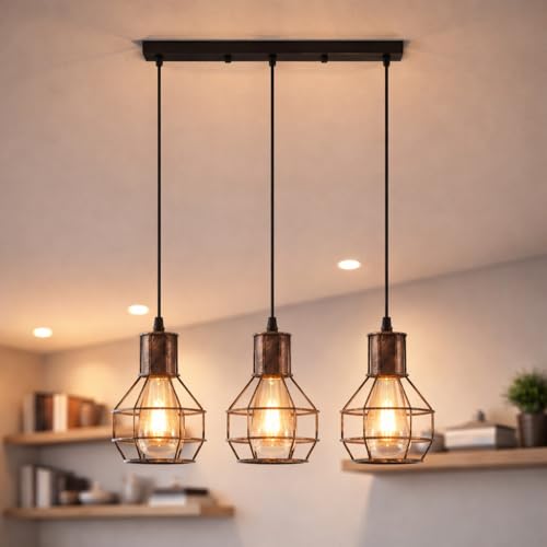 Image of LEDSone Copper Brushed cage 3 Light Pendant Light Height Adjustable, E27 Vintage Bulb Ceiling Lights Metal Square Plate Hanging Lights for Living Room, Dining Room, Coffee Shop