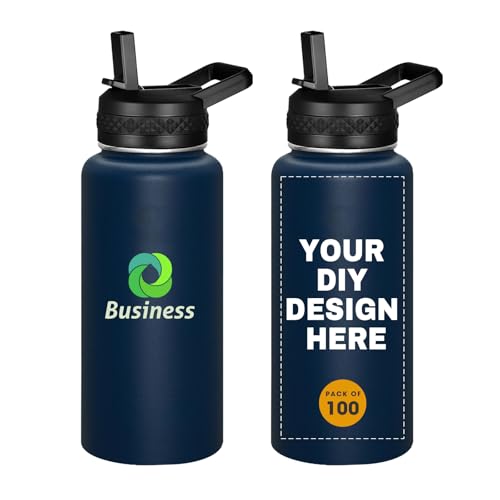 SMLIXE Personalized Custom Water Bottles with Text Logo Print in USA 32oz 100 Pcs Double Wall Stainless Steel Leakproof Wide Mouth Cups with Flip Straw