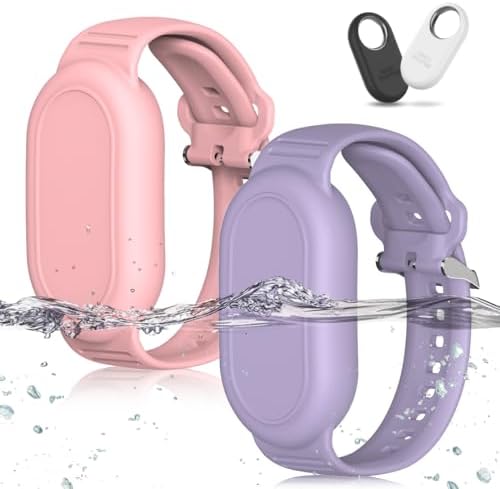 [2Pack] Bracelet Compatible for Samsung Galaxy SmartTag 2 (2023), Soft Silicone Wristband Smart Tag 2 Holder Kids Hidden Galaxy Smart Tag 2 Case Cover for Toddler Child Elderly (Pink+Purple)