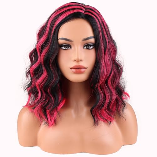 Image of BERON Women Black Highlights Hot Pink Short Curly Wavy Wig for Girls Two Tone Shoulder Length Body Wave Synthetic Halloween Cosplay Daily Party Wigs