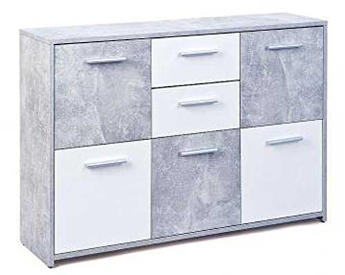 PEGANE Bahut en béton avec 5 Portes et 2 tiroirs Coloris Gris Clair et Blanc - Dim : L 115 x P 30 x H 77 cm