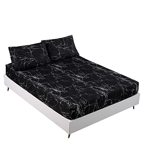 Mag Black Marble, Super Soft Microfiber Bed Sheet 3Pc, Marble Bedding Sheet Set Included 1 Fitted Sheet With 2 Pillowcases cover