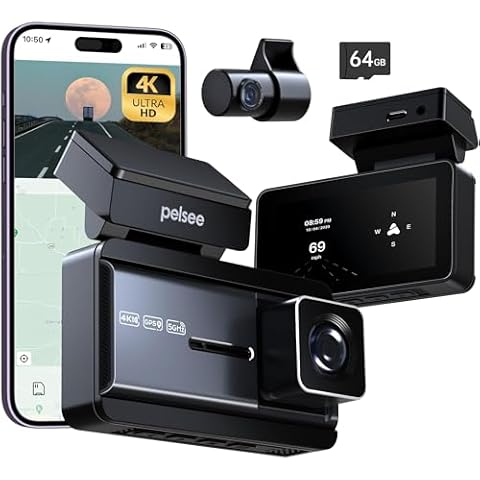 Pelsee P3 4K Dash Cam Front and Rear, 64GB SD Card, 4K+1080P Dual Dash Camera for Cars with Wi-Fi, GPS, ADAS, BSD, LCA, 3’’ IPS Display Car Camera, APP & Voice Control, Night Vision, 24H Parking Mode Cover