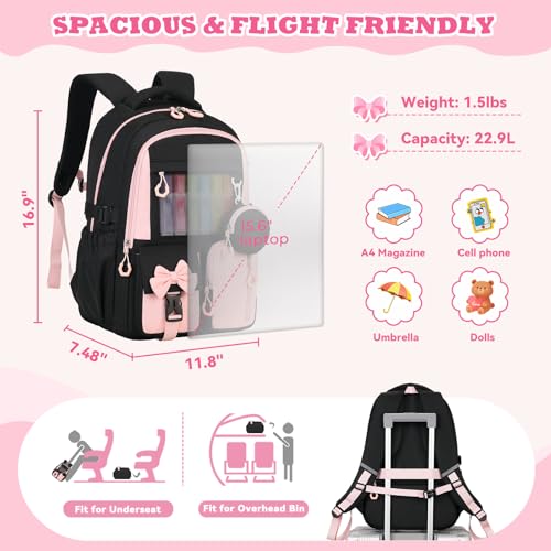 Backpack for School, Kids Backpacks for Girls, Girls Cute Bookbag for Teens, Schoolbag for Elementary Middle School Students, Girl Backpacks Ages 6-8, With Coin Purse, Travel, Camp, Black Pink2