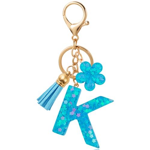 ANHBKAR Blue Flower Initial Keychain - Resin Letter K Bag Charm for Women, Girls (K-BLUE)