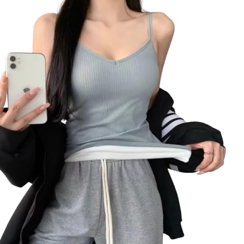 Image of Women's Thermal Fleece-Lined Ribbed Camisole Tank Top -School Girls Adjustable Spaghetti Strap Undershirt, Winter Warm Base Layer Cami, Soft Stretch Sleeveless Top