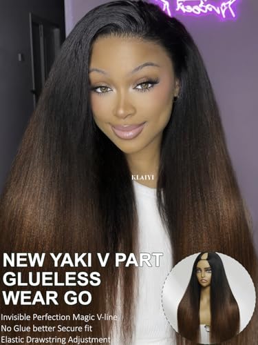 Image of KLAIYI Ombre Reddish Brown Yaki Straight V Part Wig Human Hair Upgrade U Part Wig with Dark Roots No Leave Out Drawstring Clip In Half Wigs Glueless 30S Ready to Wear and Go Natural Hairline 16Inch