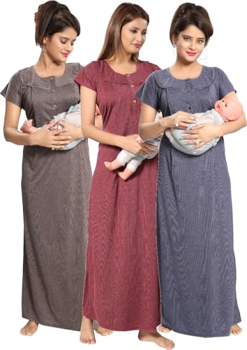 Image of Fabme Women's Polycotton Nursing Nightgown - Concealed Zip, Long, Textured Nighty for Maternity, Feeding