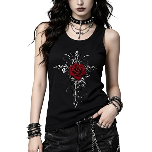 Image of MILAKOO Victorian Goth Tank Top Alternative Fashion Vest Red Rose Cross Print Women's Gothic Sleeveless Top, XXL