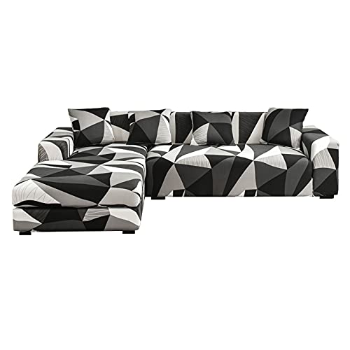 SHANNA Housse Canapé d'angle en Forme de L, Extensibles Housse Polyester Housses, 3+3 Places Composition +4 Pcs ​Couvre Oreillers (Géométrie Noir et Blanc)