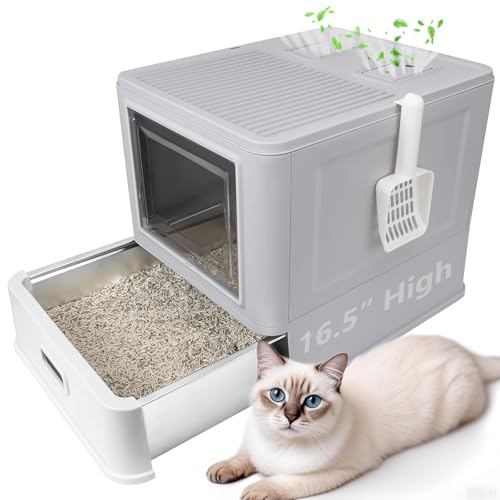 Enclosed Stainless Steel Cat Litter Boxes,XL Extra Large Litter Box with Lid & Drawer Design,Hooded Covered Stainless Steel Cat Litter Box,Easy Cleaning,No Urine Leakage,Deeper Pan with Scoop & Mat