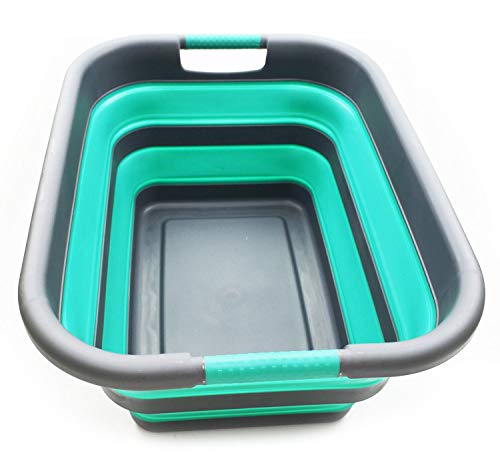 SAMMART faltbarer Wäschekorb aus Kunststoff  faltbarer Pop-Up-Aufbewahrungsbehälter/Organizer  tragbarer Wäschekorb  platzsparender Wäschekorb Grau/Türkisblau