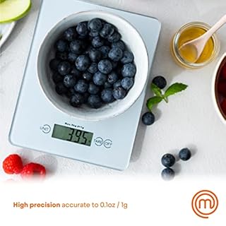 MasterChef Bilancia Cucina Digitale, Pesa Cucina Elettronica per Alimenti, in Grammi e Once (Limite di 5 kg), con Funzione Tare, Vetro temperato, Spegnimento Automatico, Professionale, Argent