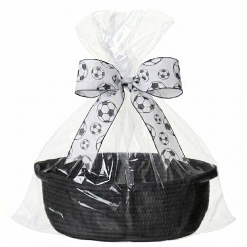 Image of Small Woven Gift Basket Empty with Bag & Ribbon, Storage Basket for Father's Day for Dad, Baby Shower, Raffle, Birthday, Cute Organizer with Handles, 12 inchx8 inchx5 inch, Black /Soccer