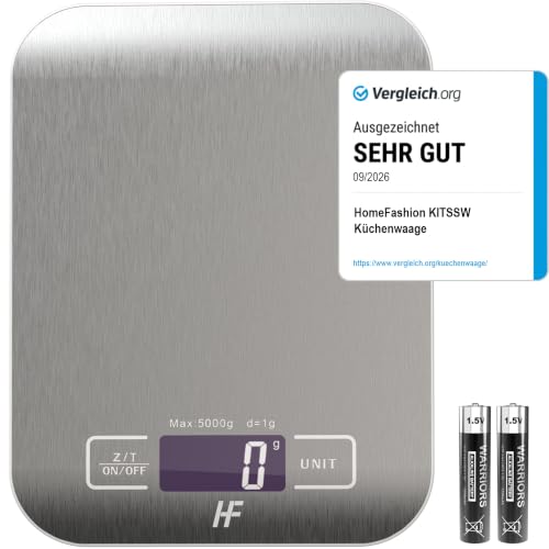 HomeFashion Digitale Küchenwaage 5kg 1g 11lb Edelstahlplattform, LED-Display...