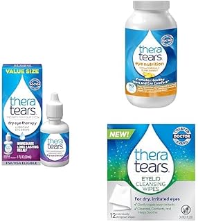 TheraTears Dry Eye Therapy Eye Drops, Omega 3 Supplement and Eyelid Cleansing Wipes, 1.0 Fl Oz, 90 Ct & 12 Individually Wrapped Wipes
