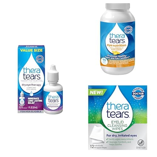 TheraTears Dry Eye Therapy Eye Drops Omega 3 Supplement and Eyelid Cleansing Wipes 1 0 Fl Oz 90