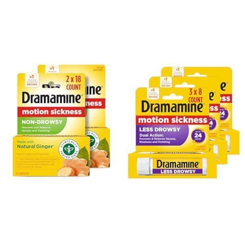 Image of Dramamine Motion Sickness Relief, Non-Drowsy Ginger Capsules, 18 Count, 2 Pack + Less Drowsy Tablets, 8 Count, 3 Pack