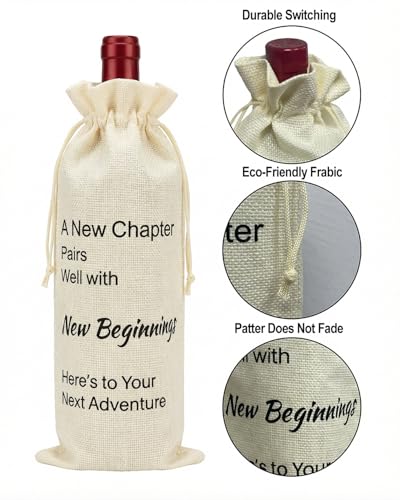 Image of Newly Beginning Wine Gift Bag for Her Reusable Linen Drawstring Wine Bag for Retirement, Graduation & Farewell Gifts, Holds 750ml Bottle