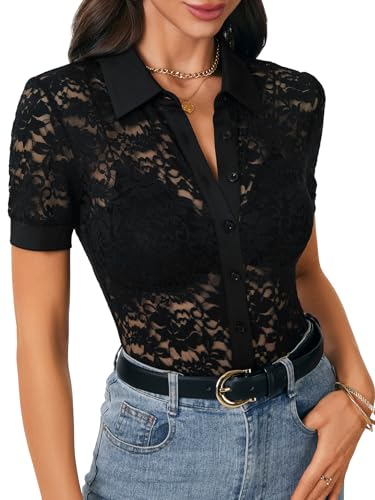 LYANER Women's Mesh Sheer Short Sleeve Layering Top Floral Lace Sexy Button Down Summer Blouse Shirt3