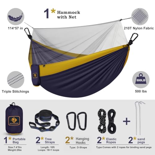 Image of Camping Hammock with Net,Portable Lightweight Double Hammocks with Tree Straps and Solid D-Shape Hanging Hooks,Parachute Nylon Hammock for Backpacking Beach Backyard Patio Hiking