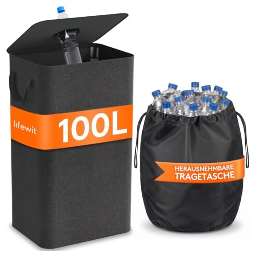 Lifewit 100L Pfandflaschen Sammelbehälter mit Deckel, Groß Pfandflaschen Aufbewahrung, Behälter Leergut & Altglas Aufbewahrung, Flaschensammler mit Loch Küche Abstellraum Flaschentasche, Dunkelgrau