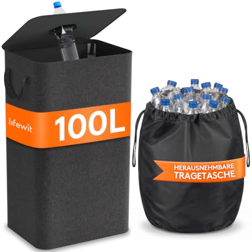 Lifewit 100L Pfandflaschen Sammelbehälter mit Deckel, Groß Pfandflaschen Aufbewahrung, Behälter Leergut & Altglas Aufbewahrung, Flaschensammler mit Loch Küche Abstellraum...