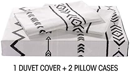 JUCFHY Duvet Cover Queen,600 Thread Count Cotton 3pcs Queen Duvet Cover Set Black Stripe Geometric Printed on White,Reversible with Zipper Closure 1 Duvet Cover and 2 Pillow Shams