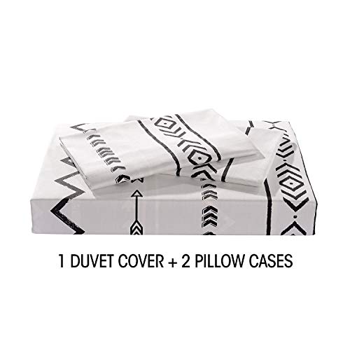 JUCFHY Duvet Cover Queen,600 Thread Count Cotton 3pcs Queen Duvet Cover Set Black Stripe Geometric Printed on White,Reversible with Zipper Closure 1 Duvet Cover and 2 Pillow Shams