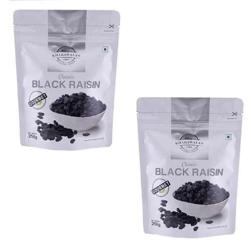 Image of KHARAWALA'S Afghani Classic Black Raisins with Seeds | Kali Kishmish (Pack of 2-250gm Each)