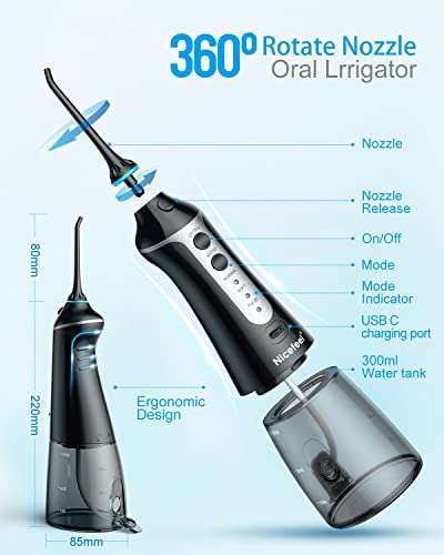Cordless Water Flosser Teeth Cleaner, Nicefeel 300Ml Cleanable Water Tank Water Jet Pik Rechargeable 3 Modes Oral Irrigator With Tip Case For Oral Care #TOP1
