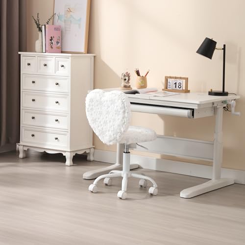 Image of Kmax Kids Reading Chair, Rolling Cute Desk Chair for Girls Swivel Office Chair with Wheels & Heart Back Adjustable Childrens Vanity Chair for Bedroom Reading Room - Fur, Snowflake