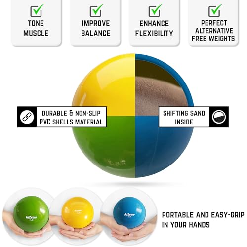 A2ZCARE Toning Ball - Weighted Toning Exercise Ball - Soft Weighted Medicine Ball for Pilates, Yoga, Physical Therapy and Fitness (Blue - 2lbs, Yellow - 3lbs and Green - 4lbs)