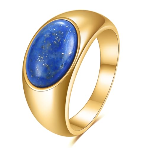 MYNENEY Stainless Steel Gold/Silver Square Shape Signet Mens Pinky Ring Statement Cute wedding Blue/Brown/Green Stone Rings Modern Gift for Women Men (Blue-Gold, 10)