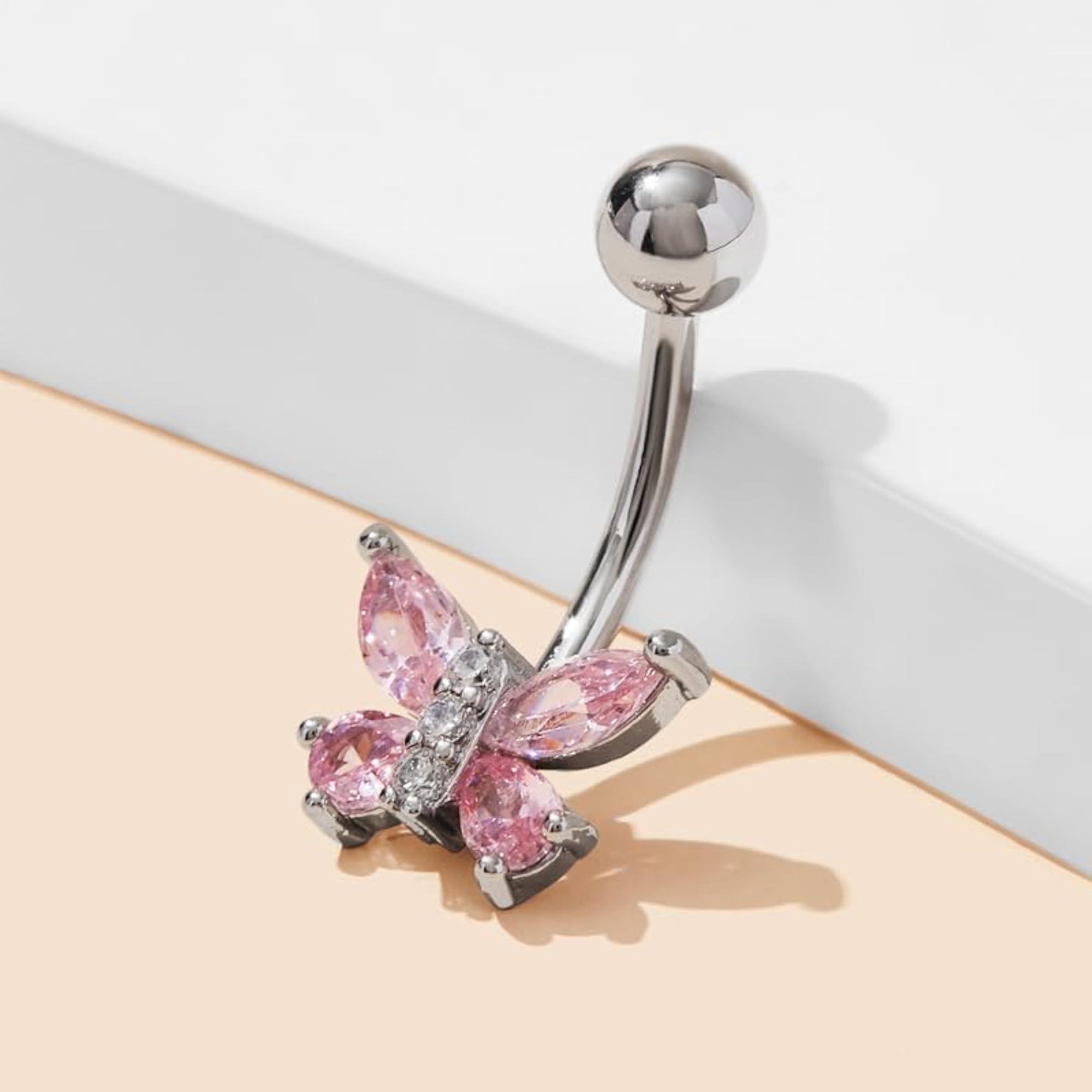 Butterfly Pink Dangle Belly Button Ring with Diamonds