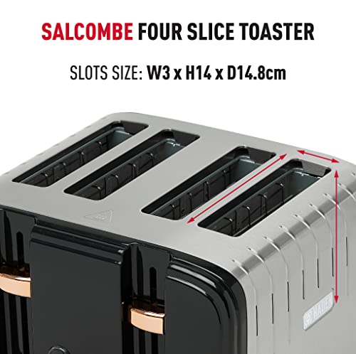 Haden Salcombe Black Toaster 4 Slice - Dual Browning Control, Retro Design, Wide Slot Toaster - Stainless Steel Housing - Self Centring Function - Easy To Clean Black Toaster - 2300W