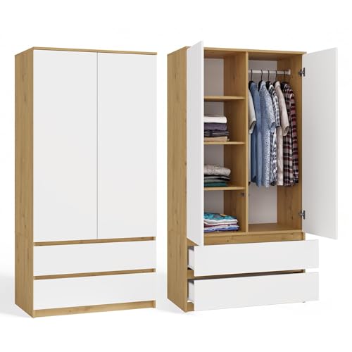 CDF Armoire à 2 Portes Meuble de Rangement Armoir Chambre 2 Tiroirs Polyvalent avec 3 Étagères Placard Multifonction pour Entrée Salon Chambre Bureau Blanc/Chêne...