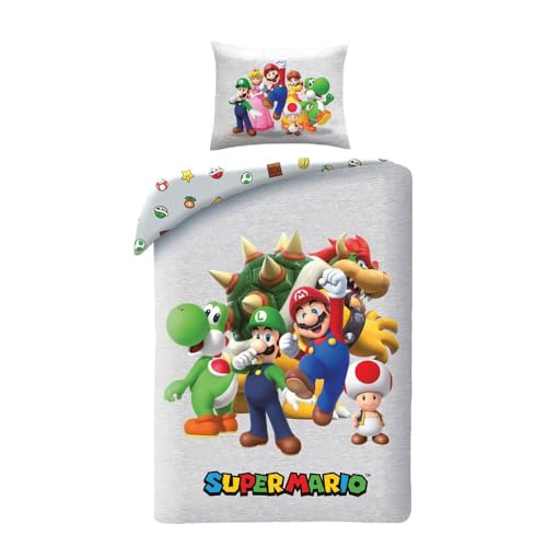 Juego de cama Super Mario reversible, funda nórdica de 140 x 200 cm y funda de almohada, poliéster, con Mario, Luigi, Toad, Peach, Wario y Yoshi
