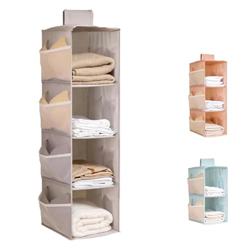 【 MONESTA 】 吊り下げ収納 2段 3段 4段 クローゼット 吊り収納 衣類収納 脱衣所 折りたたみ 吊るす 下着 小物 タオル 収納 吊り下げ式 ラック ランドリー ポケット付 吊下 衣類 バッグ サイドポケット 洗面所 (グレー, 4段) - MONESTA - 商品画像