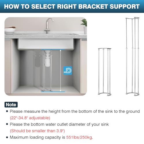 IRONWALLS Undermount Sink Brackets Adjustable, 22" to 34.8" Stainless Steel Under Mount Sink Support Brackets Legs Pole for Kitchen Bathroom, Sink Repair System