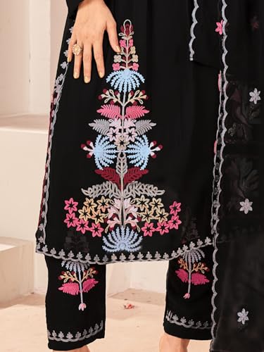 Image of Fabzoo Women's Georgette Embroidery Work & Original Mirror Anarkali Kurta Palazzo & Dupatta Set | Kurta & Palazzo Full Stitch And Full Inner | Palazzo Full Elastic.