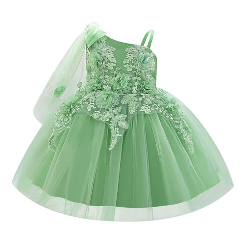 OBEEII Infant Baby Girls Pageant Dress 3D Flower Embroidered Baptism Flower Girl Dress Birthday Party Cake Smash Outfit Toddler Asymmetric Shoulder Formal Ball Gown Green-Embroidered 18-24 Months