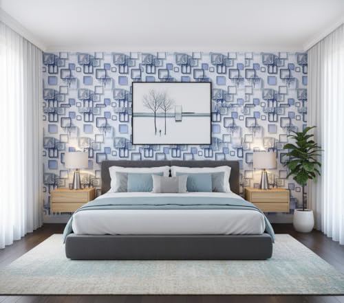 Image of 3D Frames Design Self-Adhesive Wallpaper 45x300cm | Decorative Vinyl Wall Sticker for Living Room, Bedroom & Hallway | Blue Cube Pattern DIY Wall Covering