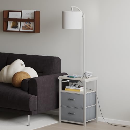 Image of SUNMORY Floor Standing Lamp with Table & 2 Drawers, USB & AC Charging Port | 3 Color Temperature LED Bulb, Modern Nightstand for Bedroom, Shelves End Side Table Lamp for Living Room Home Office, Grey