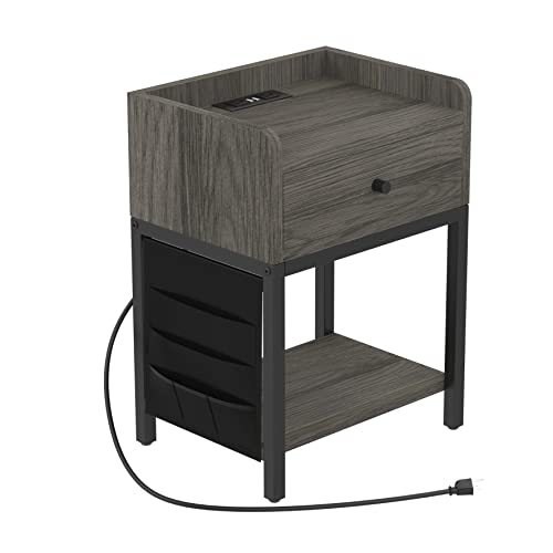 Furniouse End Table With Charging Station,Sofa Side Table With Usb Ports And Outlets,Nightstand Sofa Table With Drawer And Side Pocketfor Living Room, Study, Bedroom, Industrial(Gray) #TOP13